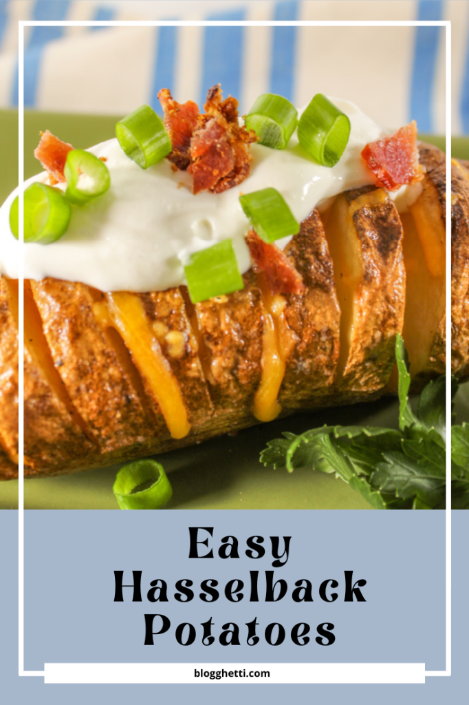 Hasselback potato on serving platter image with text overlay