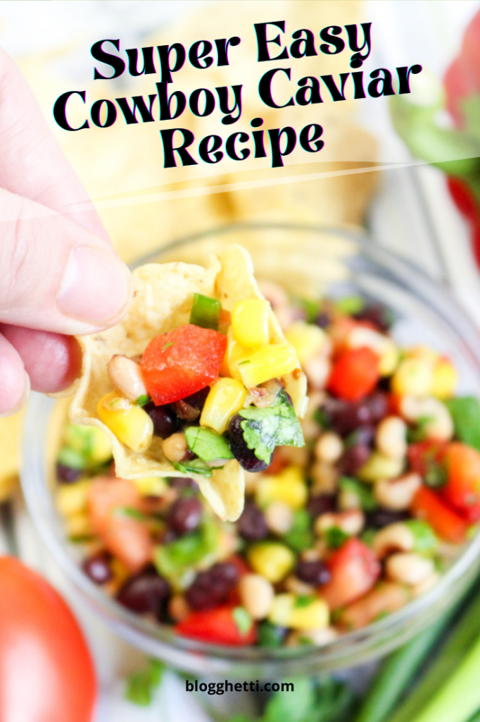 Super easy cowboy caviar recipe image with text overlay