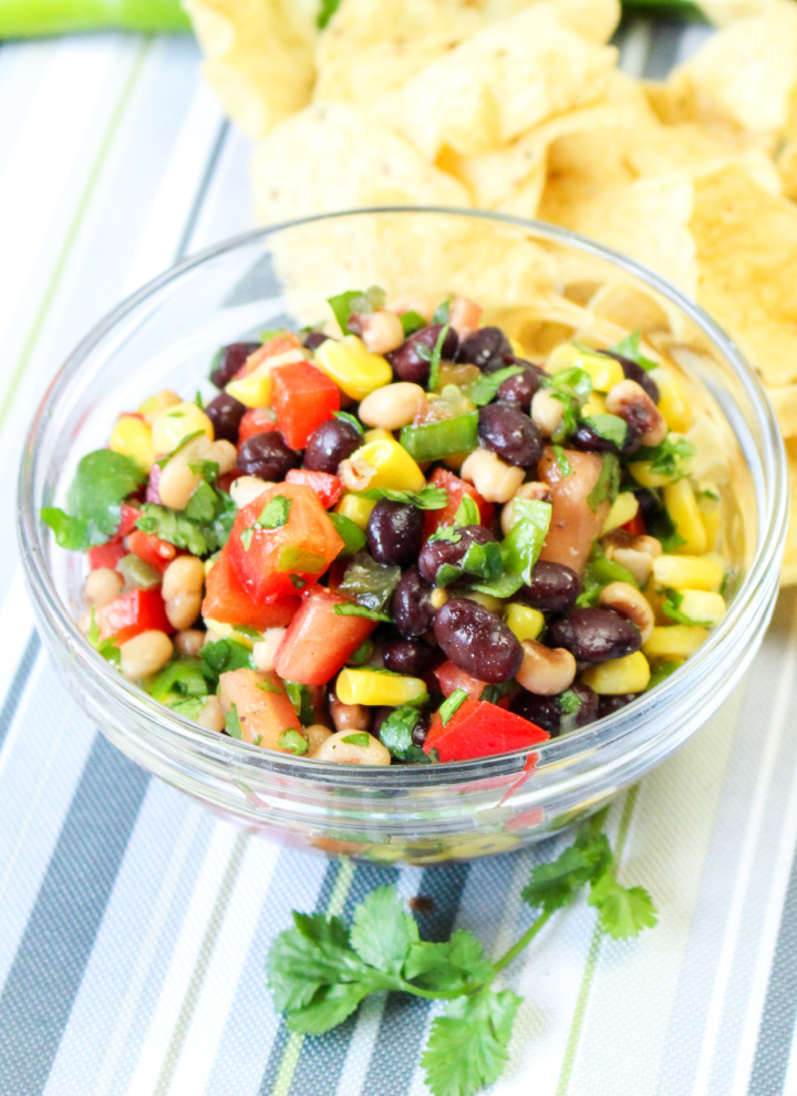 close up of cowboy caviar dip in small glass bowl