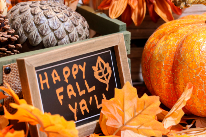 fall sign with leaves and pumpkins. Sign reads Happy Fall Ya'll.