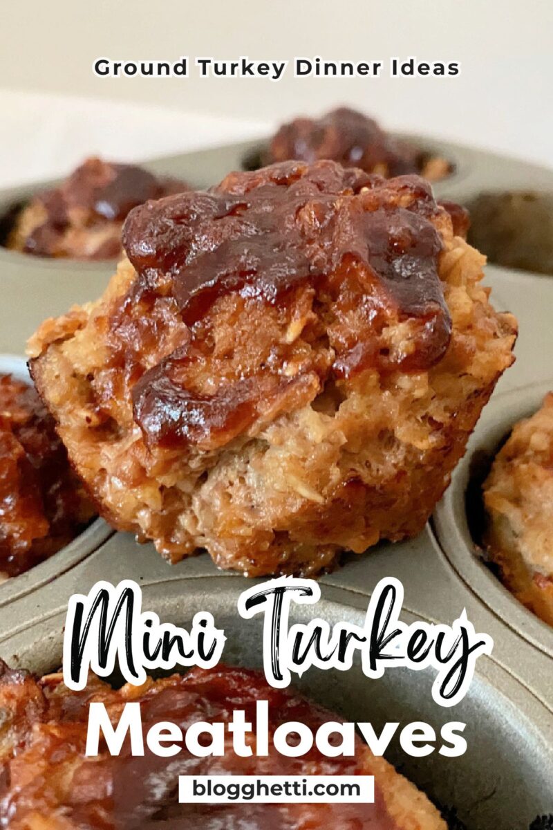 Pinterest graphic featuring baked Muffin Tin Turkey Meatloaf in a muffin pan.