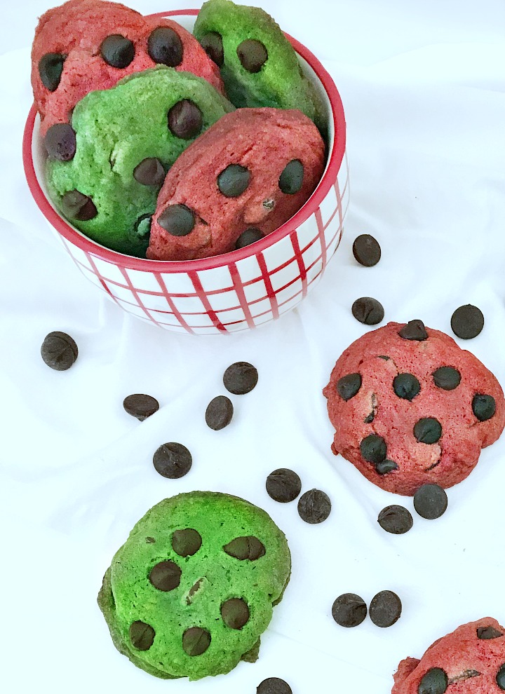 Festive Chocolate Chip Cookies really do spread the holiday cheer with their red and green colors.