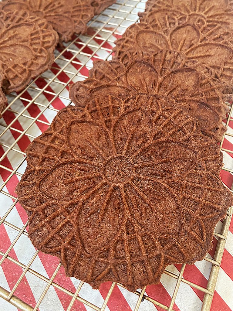 chocolate pizzelles close up