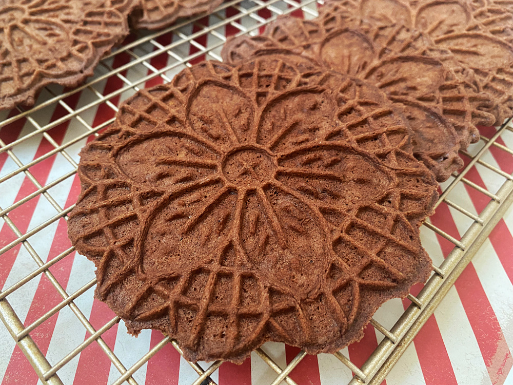 close up of chocolate mint Italian pizzelles