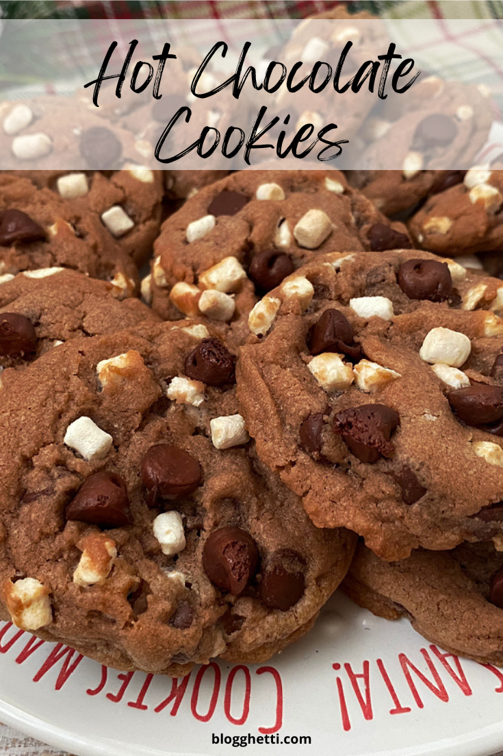 hot chocolate cookies on platter image with text overlay