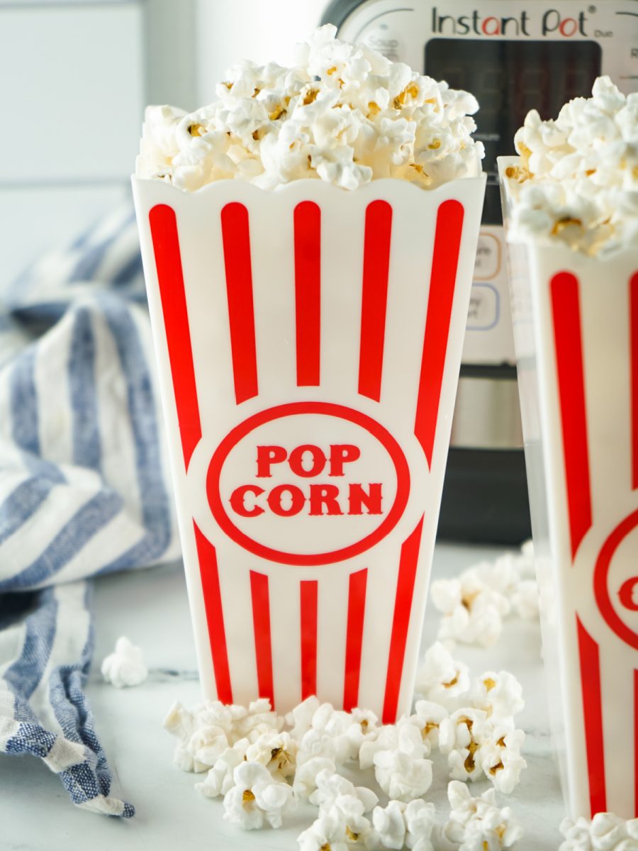 popcorn in movie theater buckets with instant pot in the background