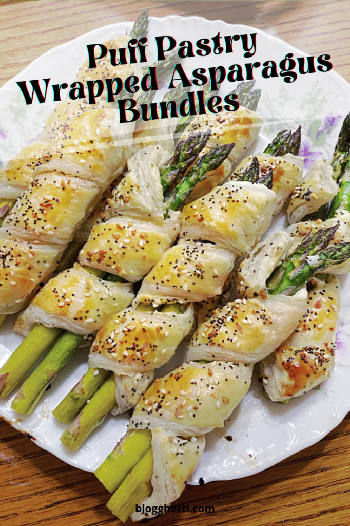 puff pastry wrapped asparagus bundles image with text overlay