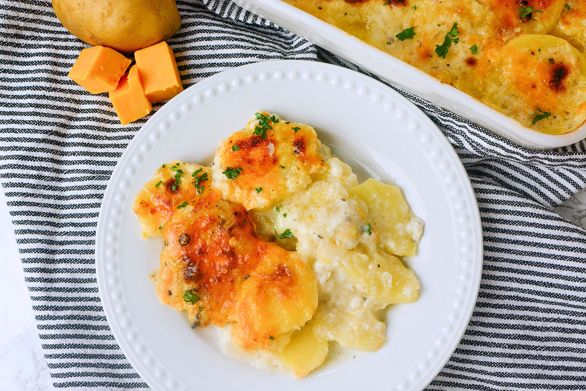 serving of cheesy scalloped potatoes on white plate