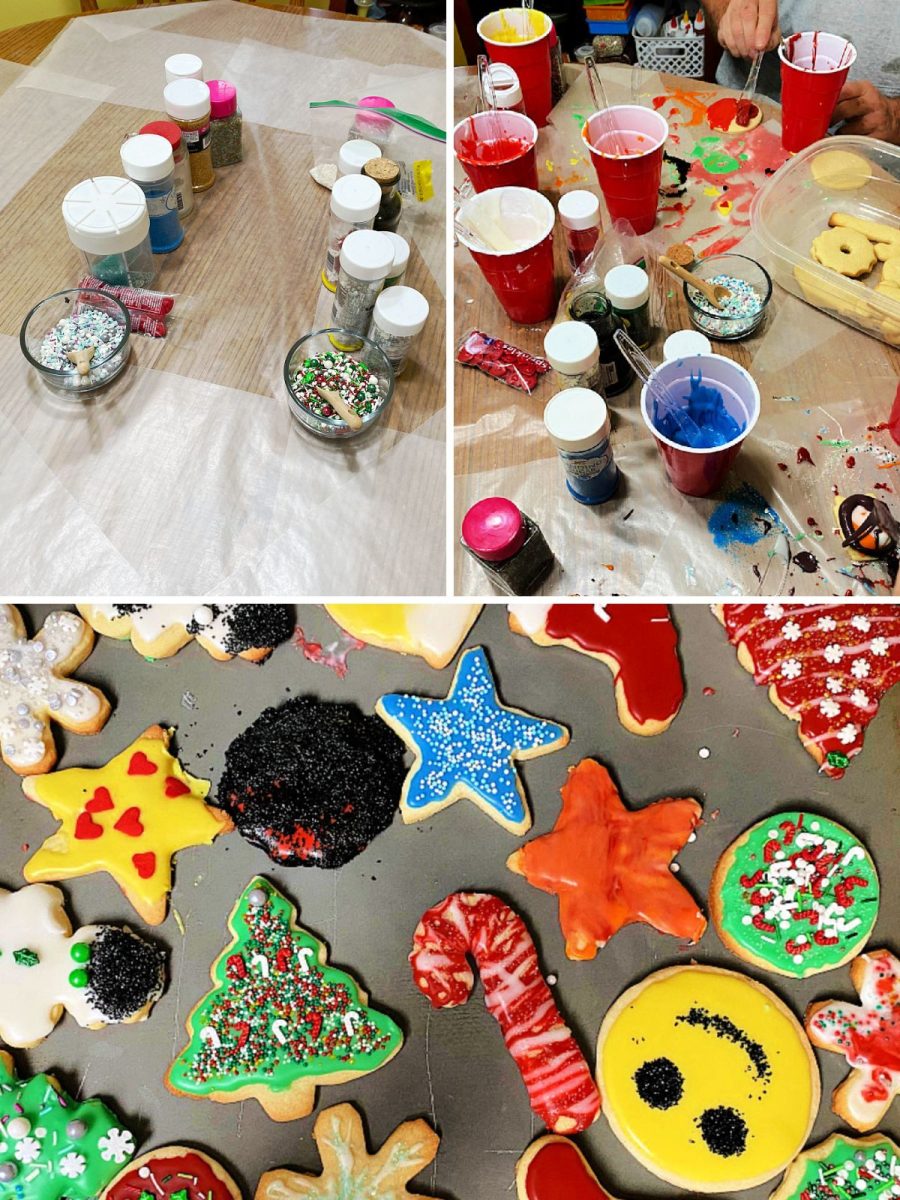 collage of various cookie decorating supplies and frosted sugar cookies