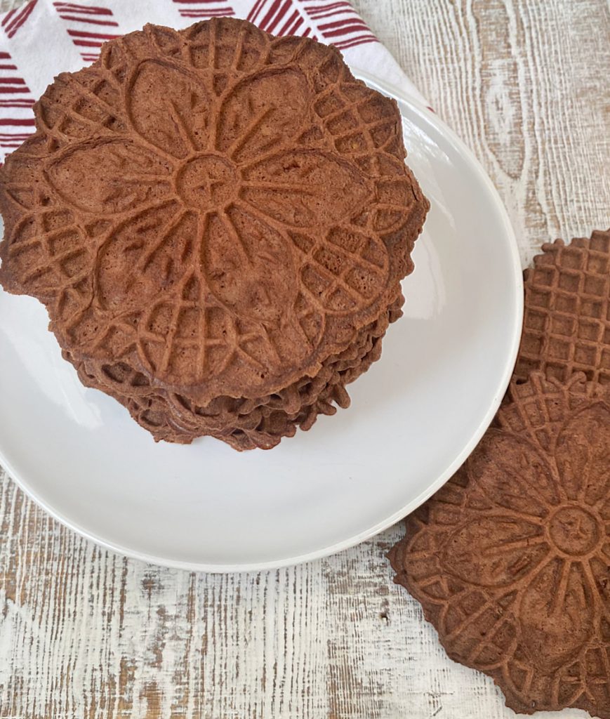stack of chocolate peppermint pizzelles