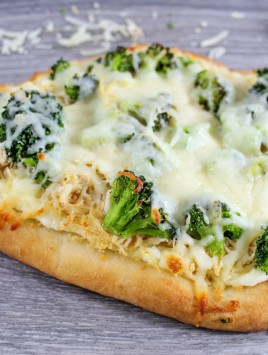 Chicken Broccoli Alfredo Flatbread Pizza baked