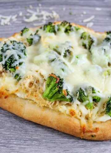 Chicken Broccoli Alfredo Flatbread Pizza baked
