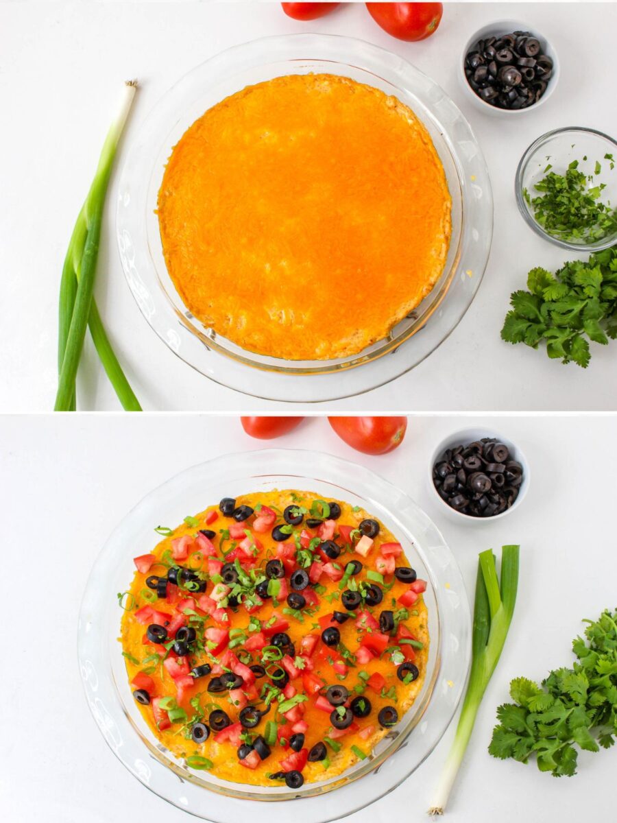 Fresh tomatoes, sliced black olives, green onions, and cilantro being added to the baked dip before serving.