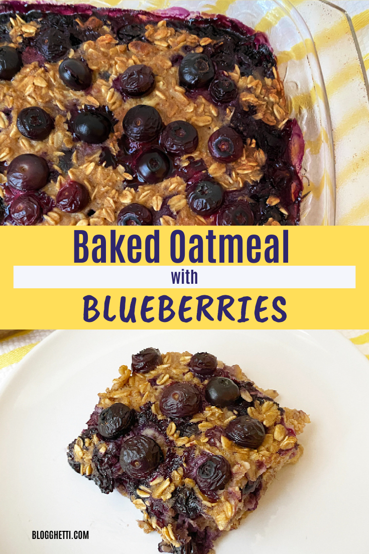 baked oatmeal with blueberries image with text overlay