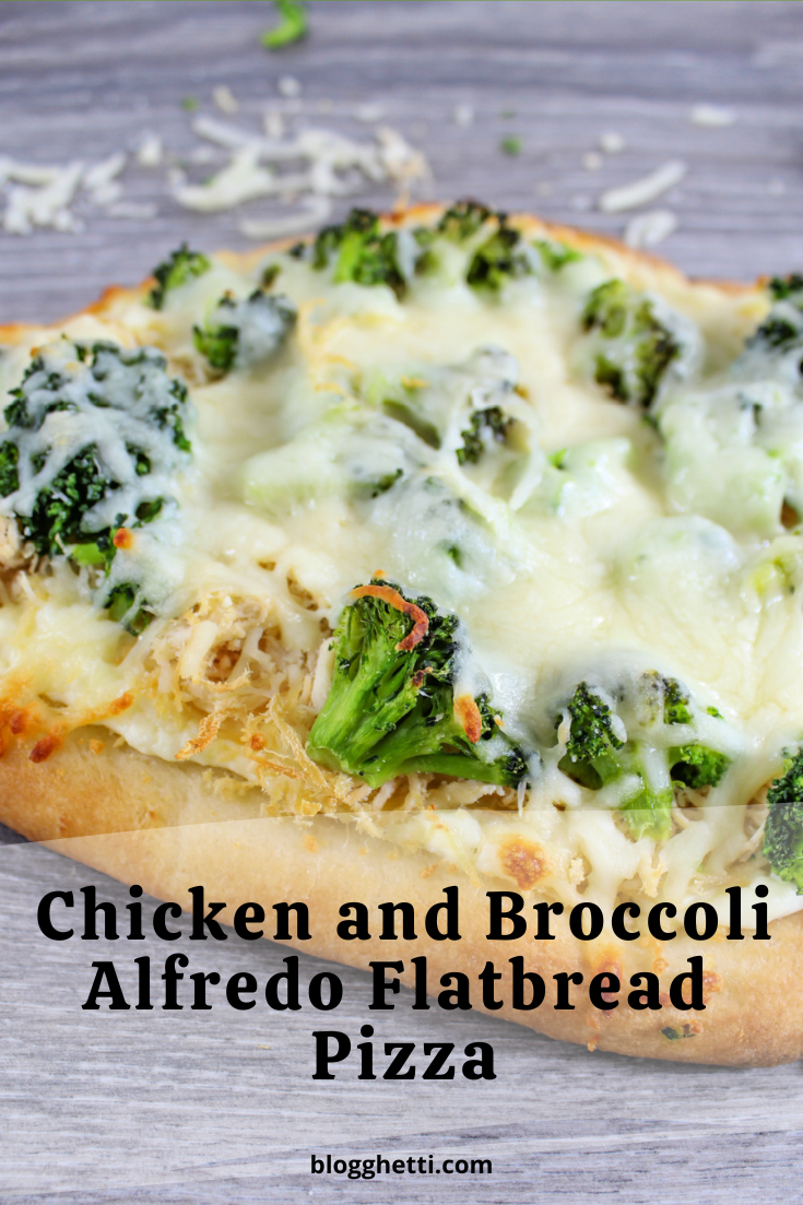 chicken and broccoli alfredo flatbread pizza image with text