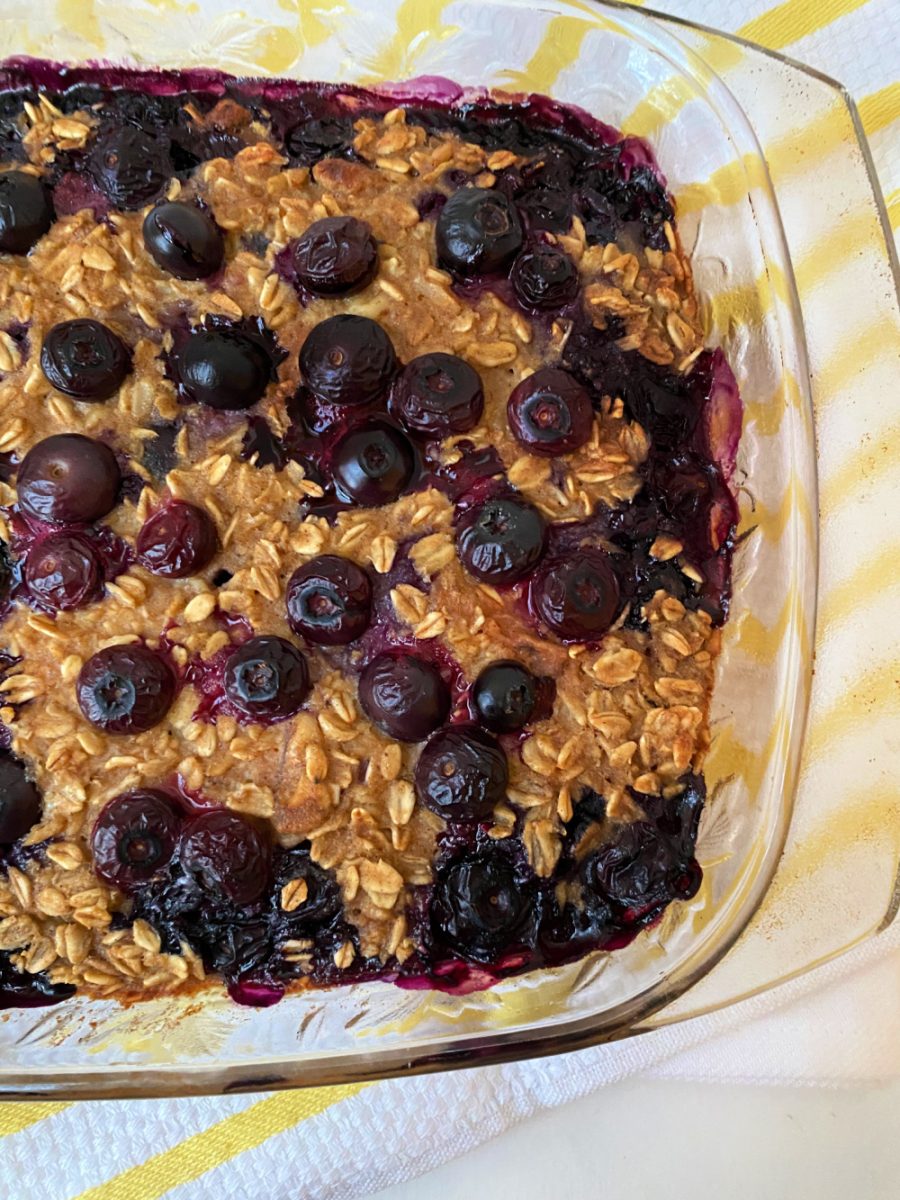 close up of baked oatmeal with blueberries