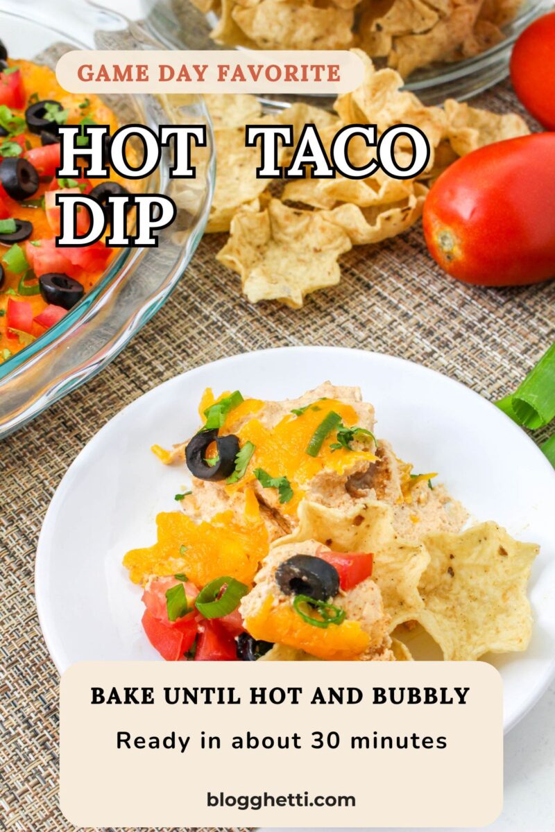 Serving of hot taco dip with tortilla chips on a white plate alongside the baking dish and recipe title graphics.