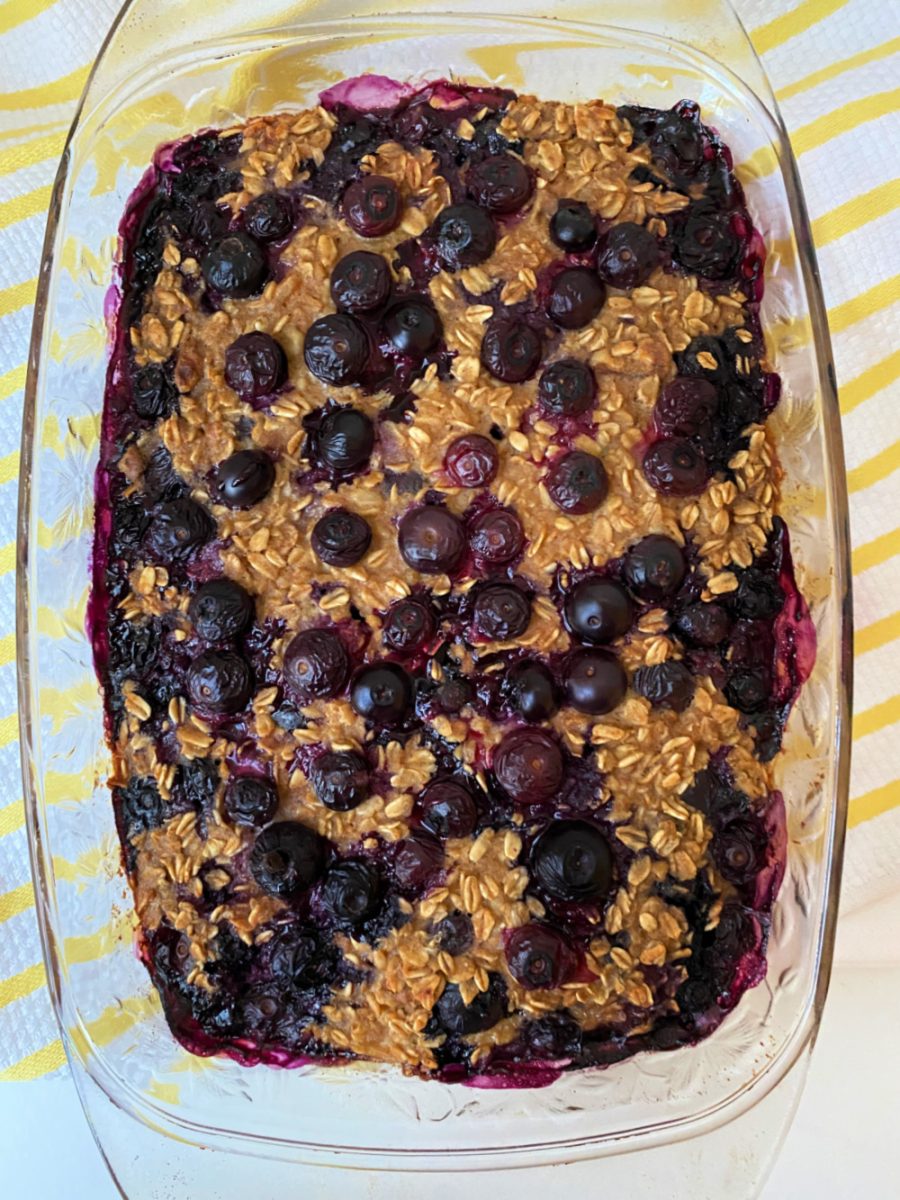 overhead view of baked blueberry oatmeal
