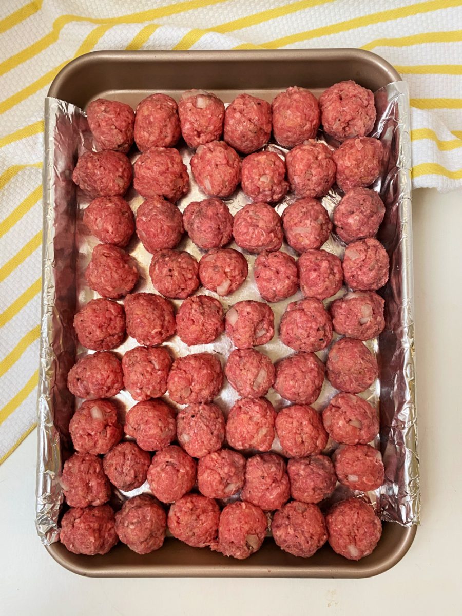 tray of meatballs ready to be cooked