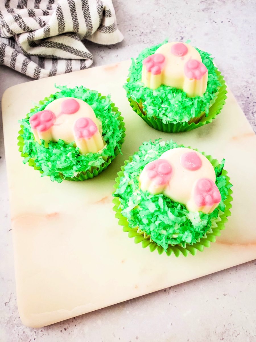 3 bunny butt cupcakes on platter
