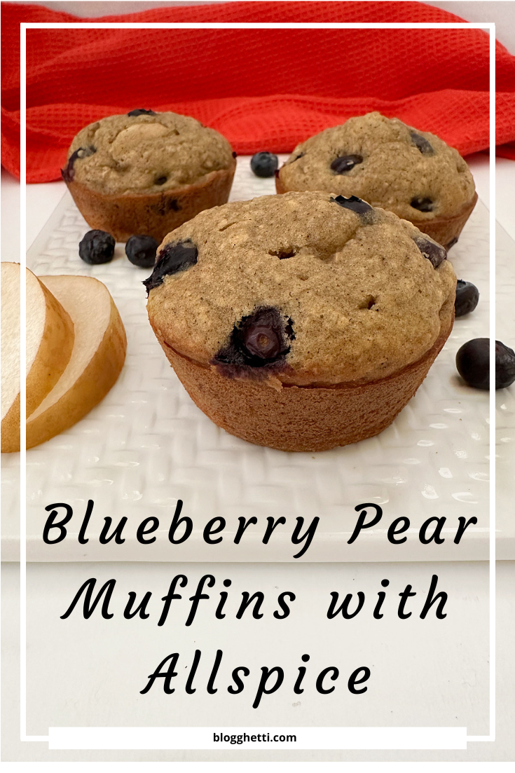 blueberry pear muffins with allspice image with text overlay