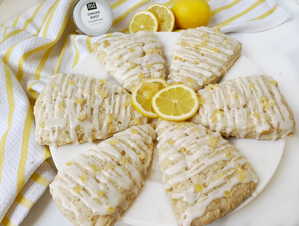 plate of lemon scones with crystalized ginger