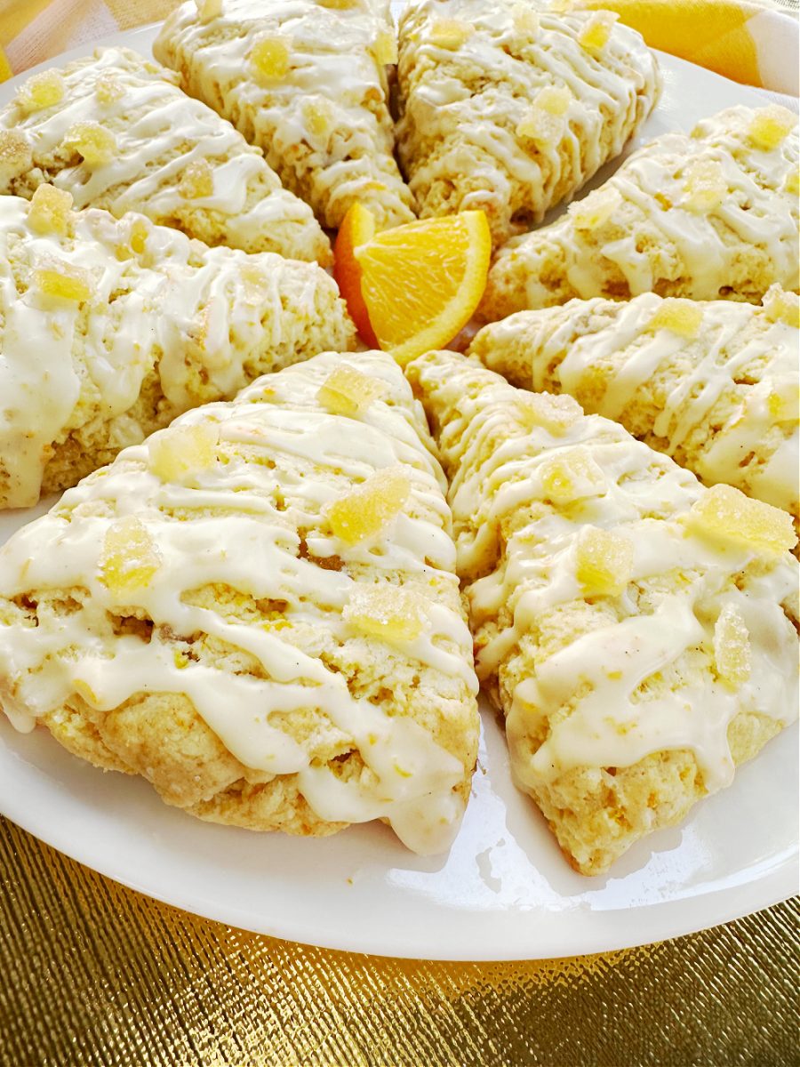 close up of Candied Ginger Orange Scones on white plate