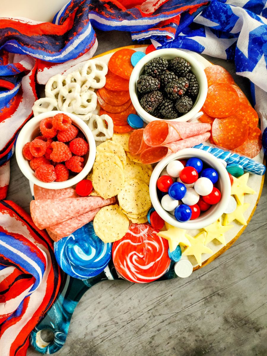 red white and blue foods featured on festive grazing board