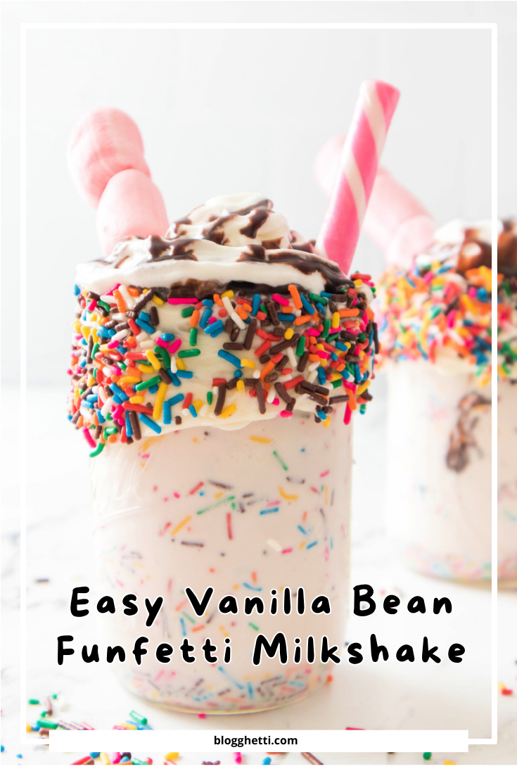 Easy vanilla bean funfetti milkshake image with text overlay