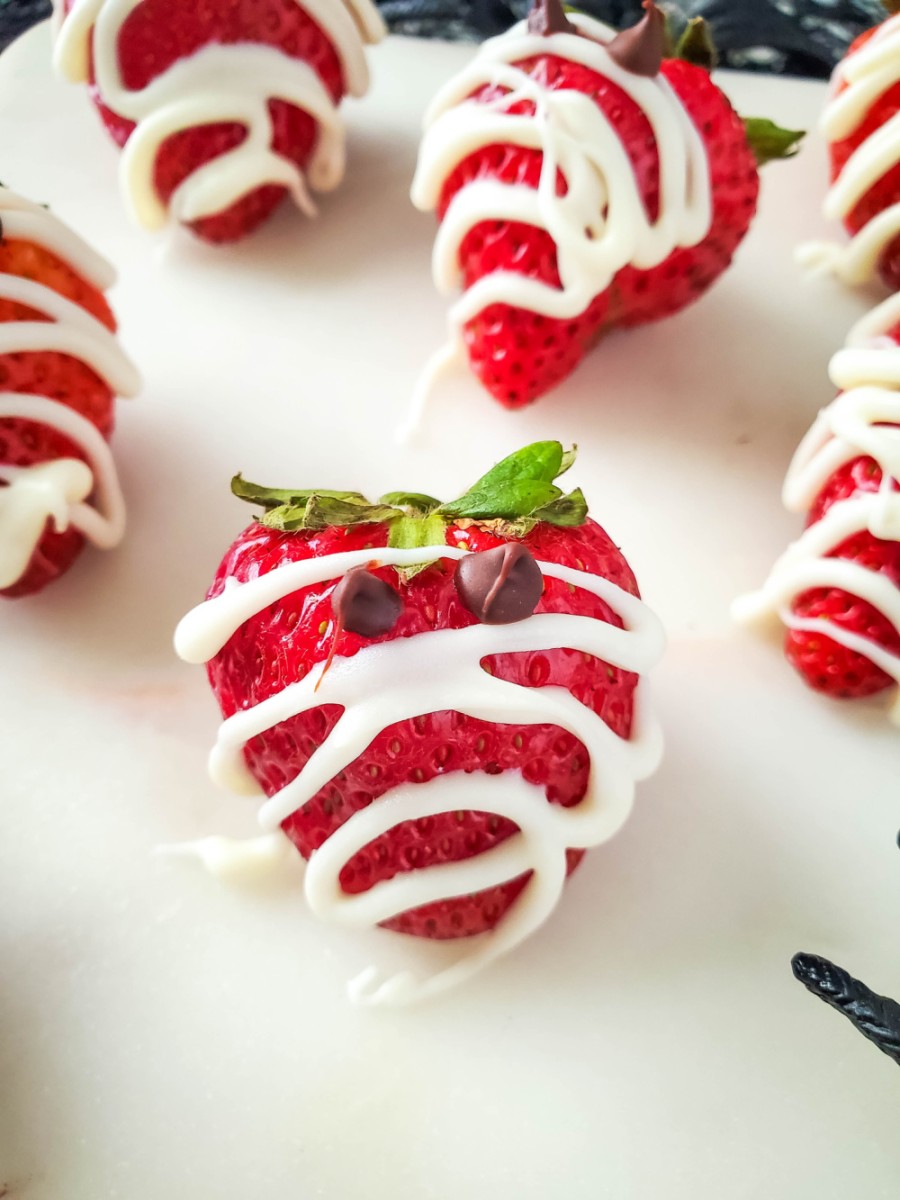 close up of strawberry mummy for halloween