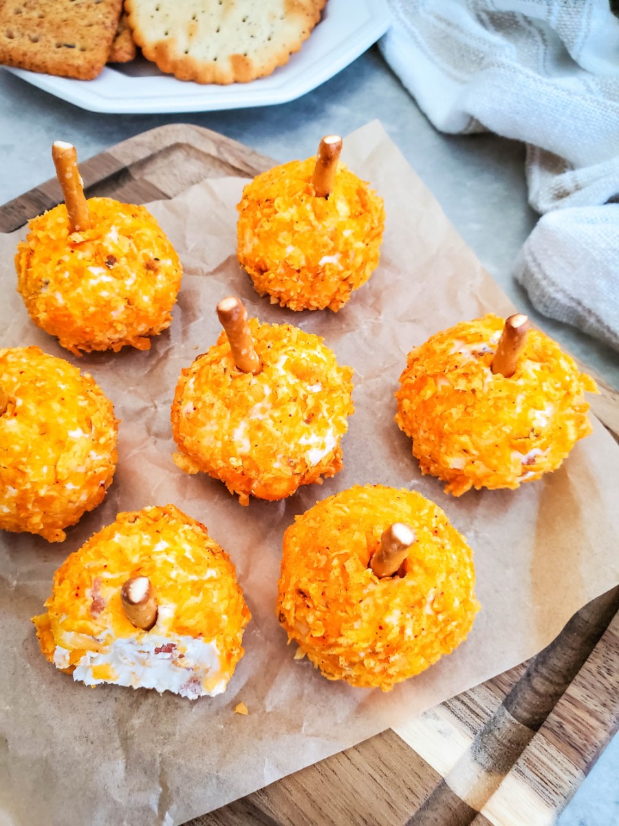 mini cheese balls overhead view - shaped like pumpkins
