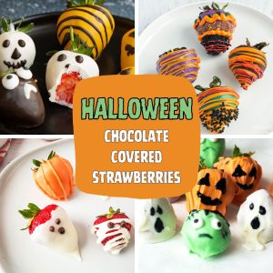 A collage of four different styles of Halloween-themed chocolate-covered strawberries: white chocolate ghosts, dark chocolate bats, orange and purple swirled strawberries with sprinkles, and orange-dipped strawberries designed as pumpkins.