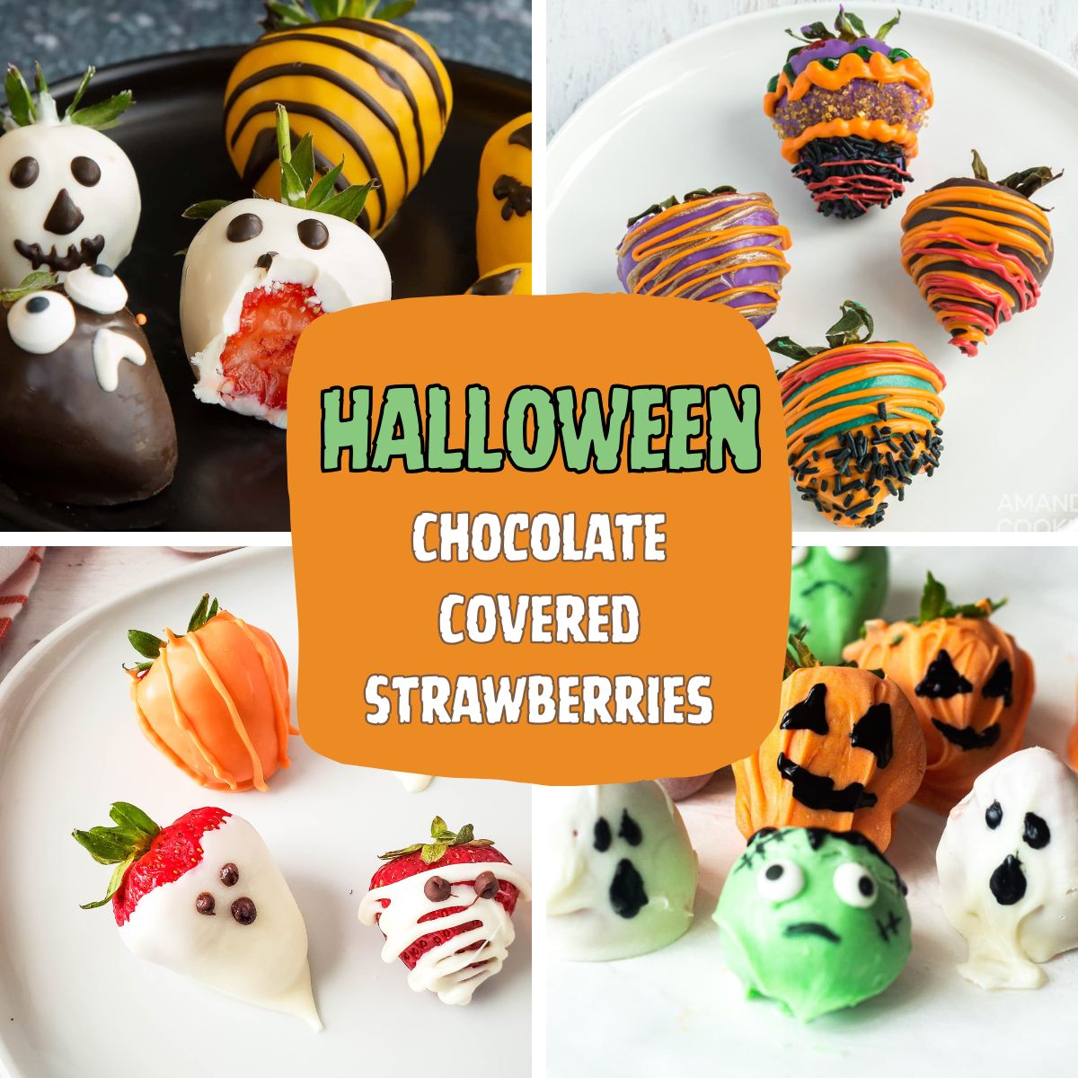 A collage of four different styles of Halloween-themed chocolate-covered strawberries: white chocolate ghosts, dark chocolate bats, orange and purple swirled strawberries with sprinkles, and orange-dipped strawberries designed as pumpkins.