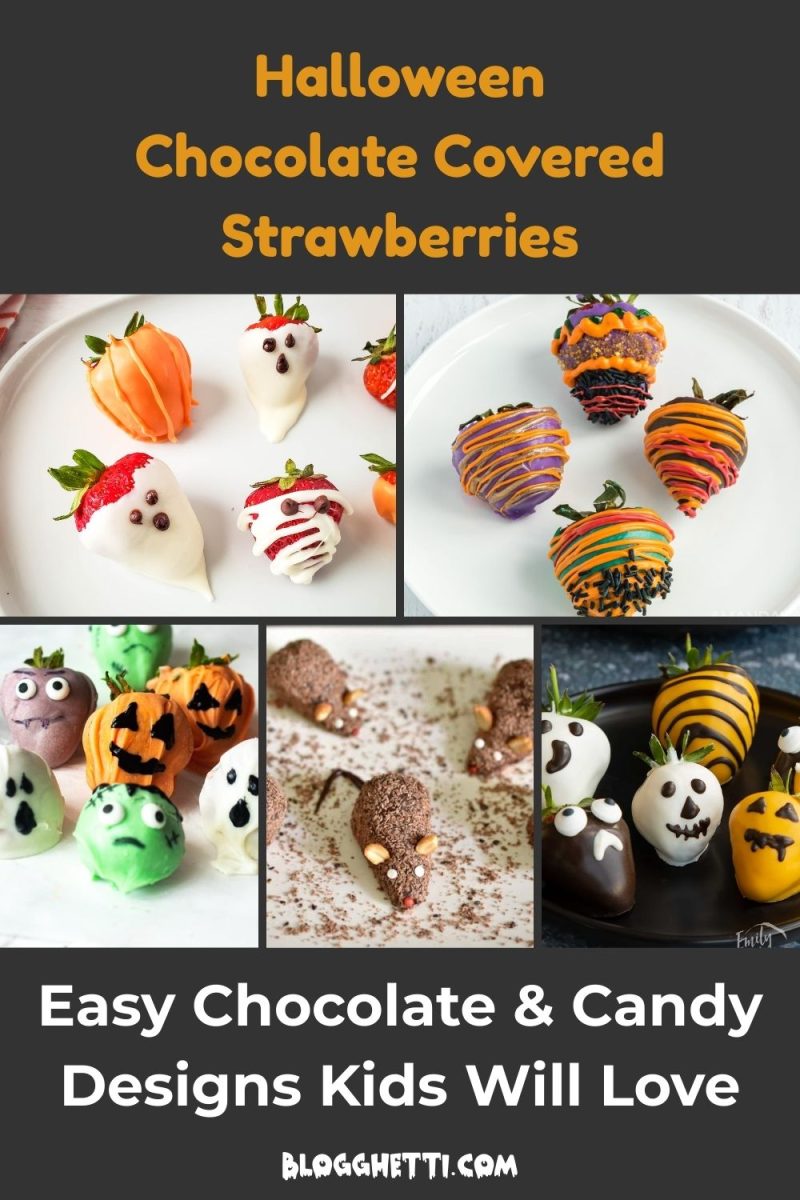 A vertical collage of Halloween chocolate-covered strawberries, including designs that look like ghosts, pumpkins, Frankenstein's monster, mummy-wrapped, bee/tiger striped, and chocolate-covered strawberry "mice." The text overlay reads "Halloween Chocolate Covered Strawberries Easy Chocolate & Candy Designs Kids Will Love."