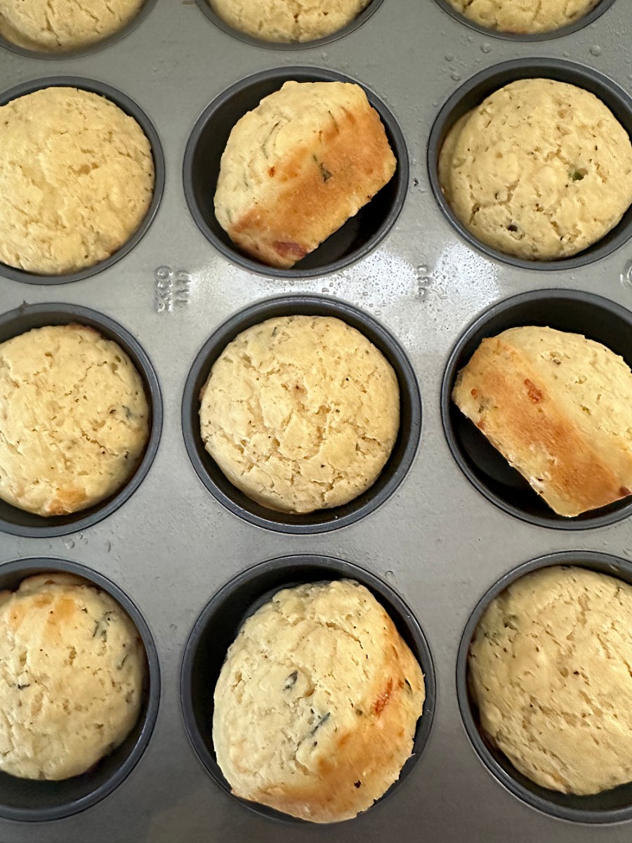 baked provolone and thyme muffin cooling