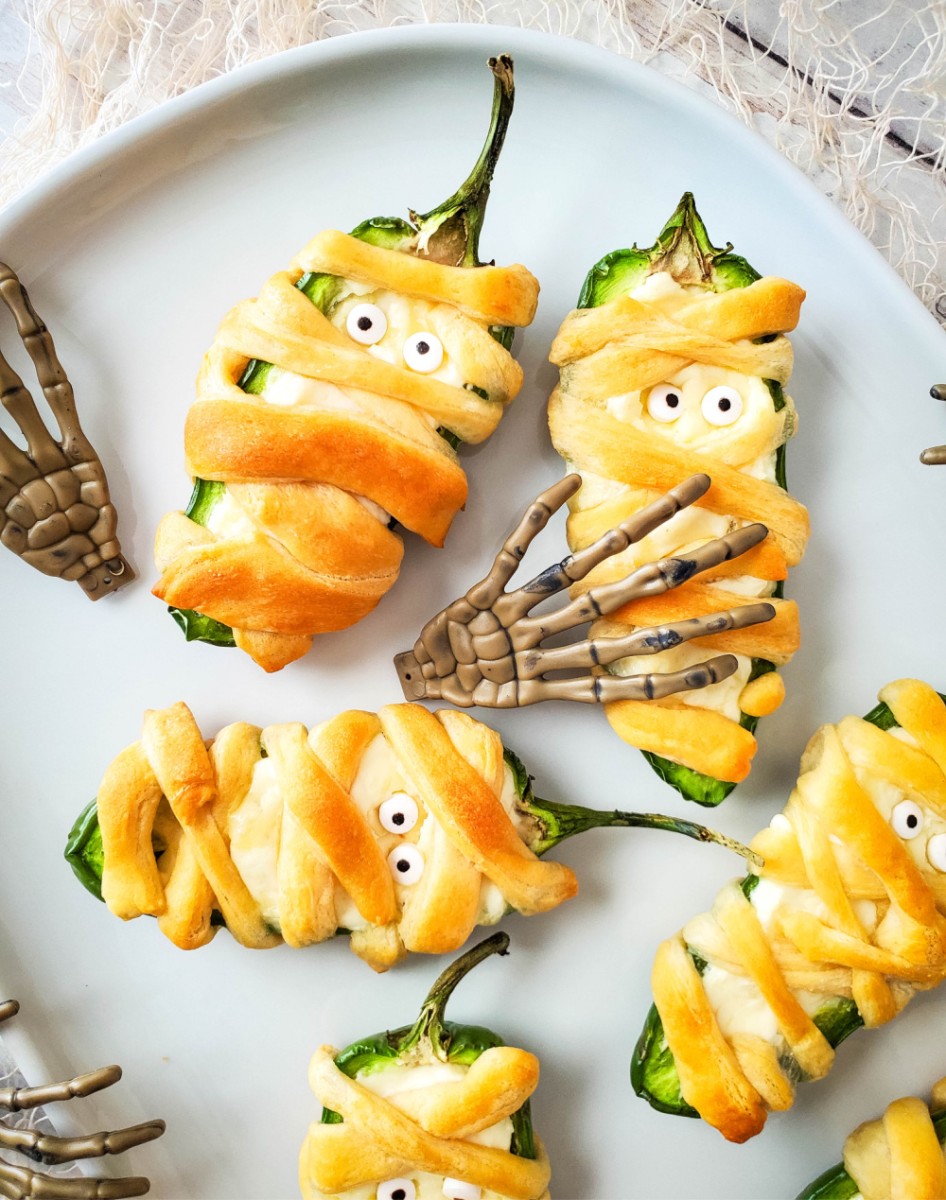 close up of mummy jalapeno poppers for halloween