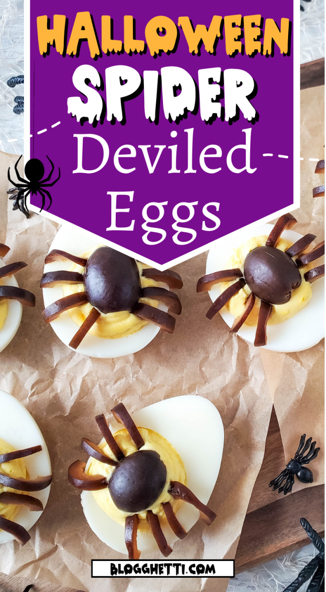spider deviled eggs for halloween image with text overlay