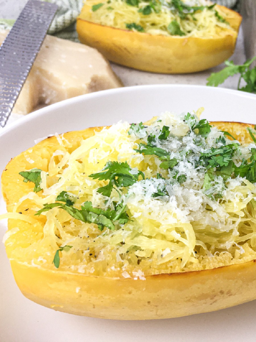 close up of Roasted spaghetti squash with Parmensan cheese and parsley