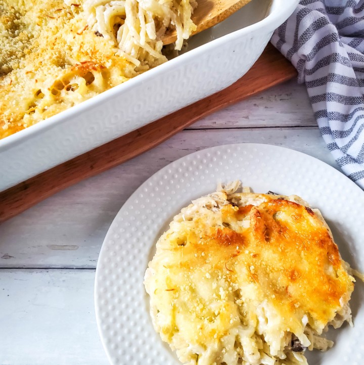 feature image of turkey tetrazzini casserole dish and plate