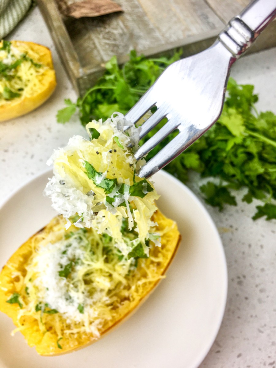 fork with bite of roasted spaghetti squash
