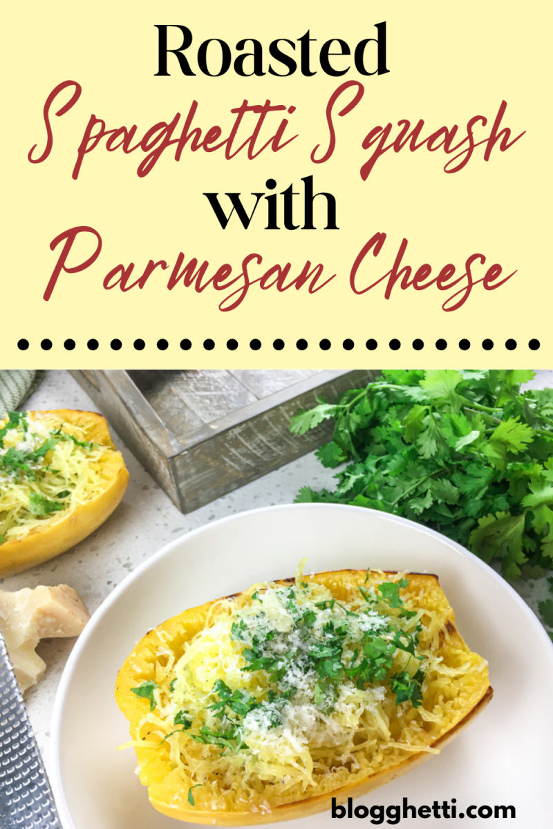 roasted spaghetti squash with Parmesan cheese image with text overlay