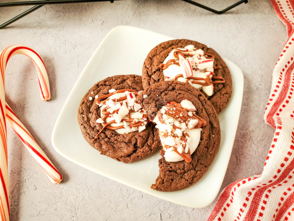 white plate filled with Hot Cocoa Candy Cane Cake Mix Cookies