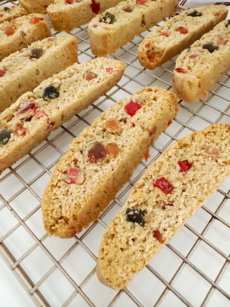 christmas fruitcake biscotti cooling on wire rack