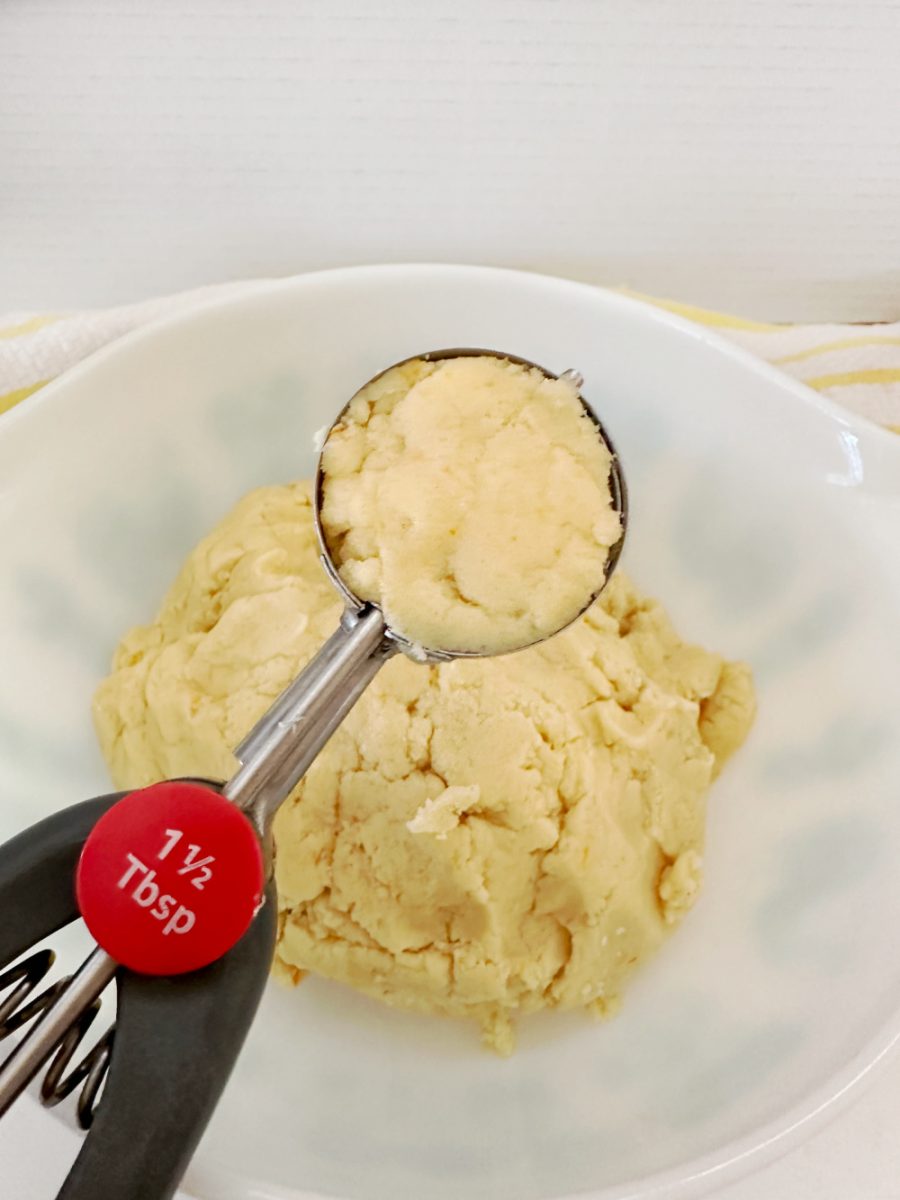 cookie scoop with dough in it