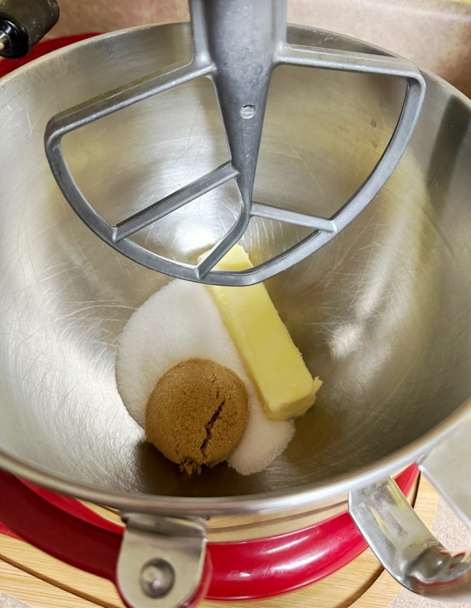 creaming butter and sugars in stand mixer bowl