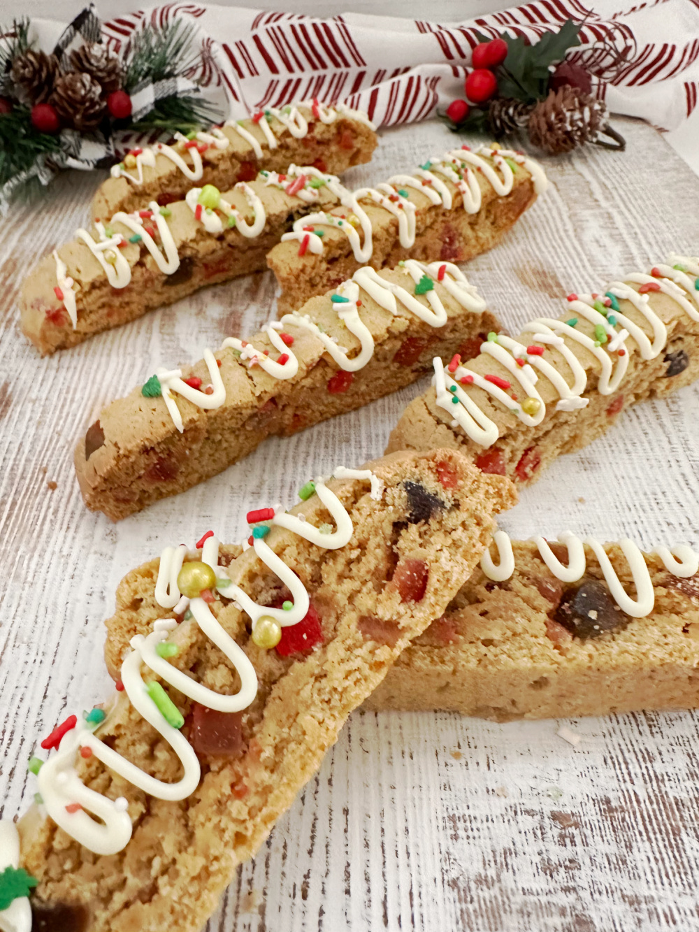 fruitcake biscotti with white chocolate and sprinkles