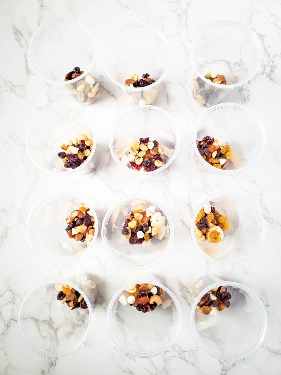 individual cups for charcuterie bottom layer of trail mix