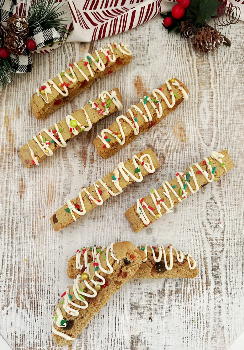 overhead view of Chrismtas fruitcake biscotti with white chocolate