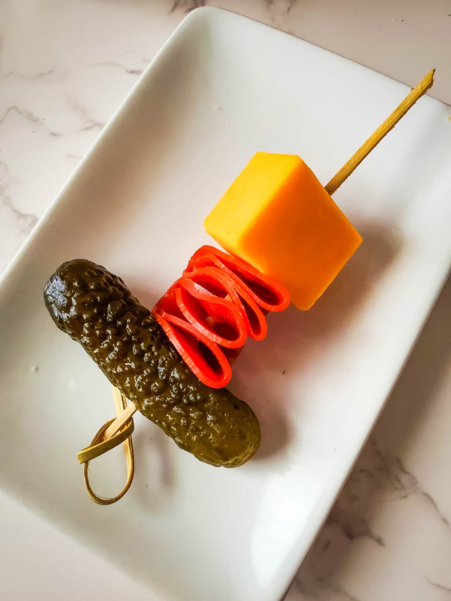 skewer pickle meat and cheese