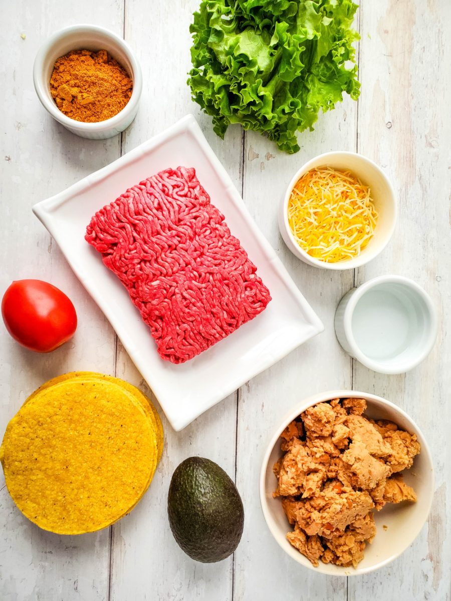 Ingredients for bean and beef tostadas